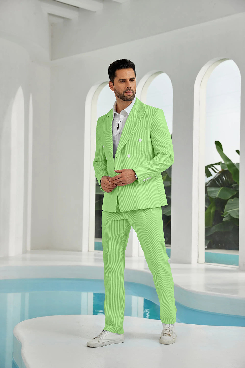 Seersucker Double Breasted Blazer Pants 2 Piece Men's Summer Suit