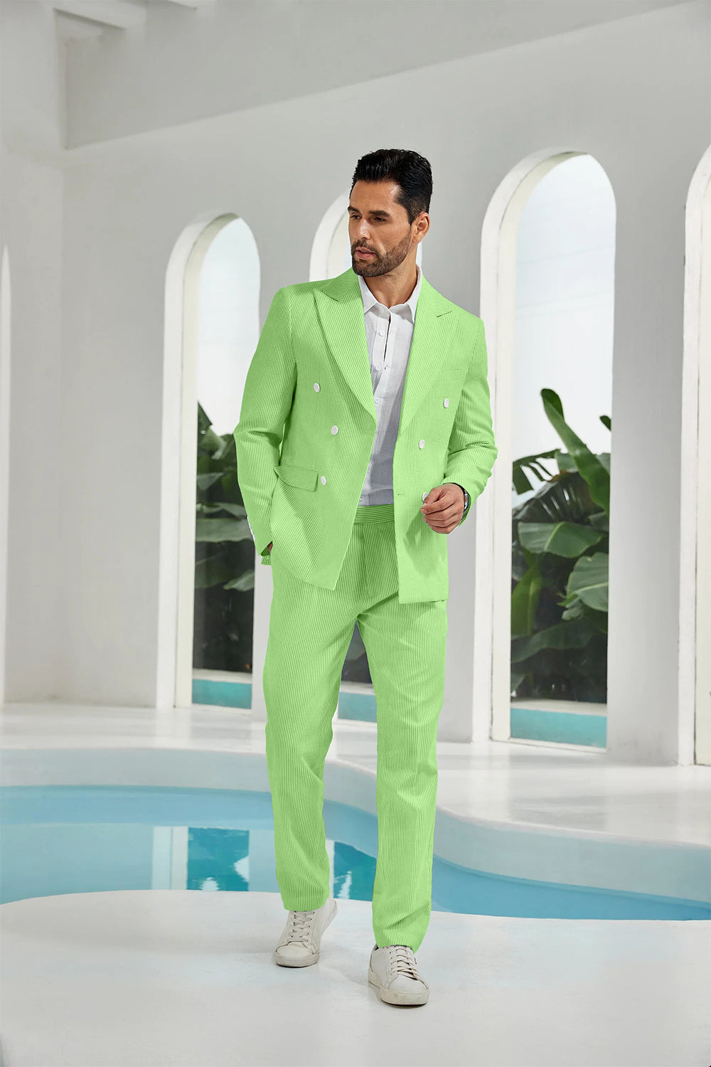 Seersucker Double Breasted Blazer Pants 2 Piece Men's Summer Suit