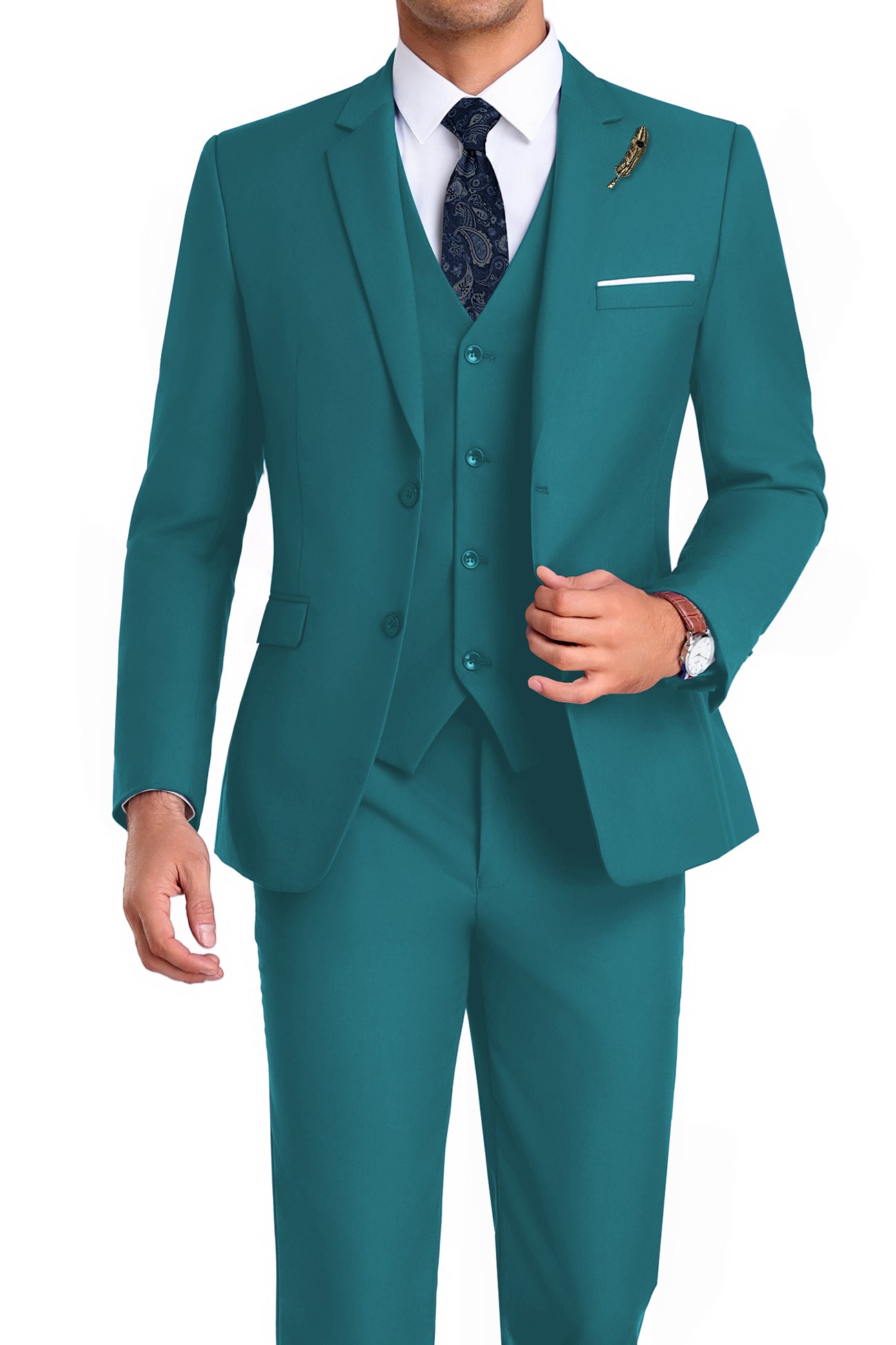 Model in green 3-piece slim fit suit with tie and white shirt, posing front-facing with confident posture