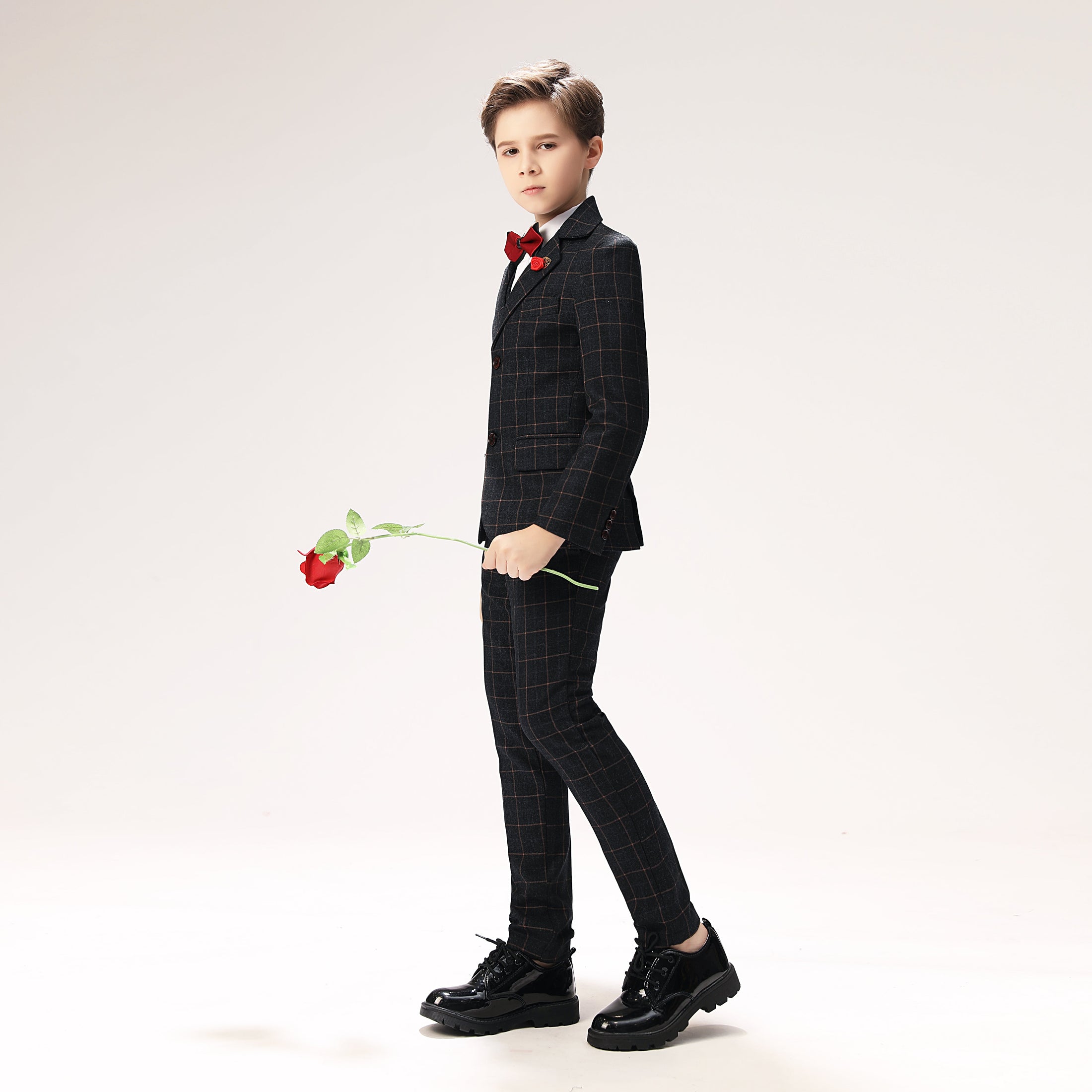 Black Plaid Elegant 5 Piece Boys Suits