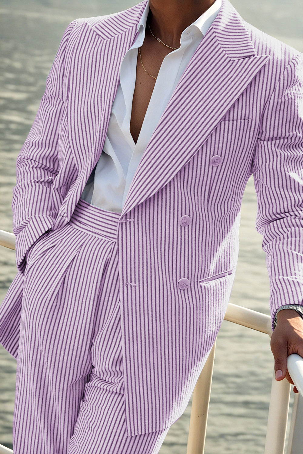 Seersucker Striped Double Breasted Blazer Pants 2 Piece Men's Summer Suit