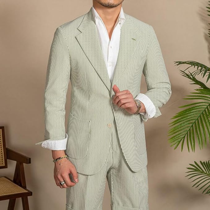 Casual Summer Lightweight Seersucker Suit Shorts Mens Set