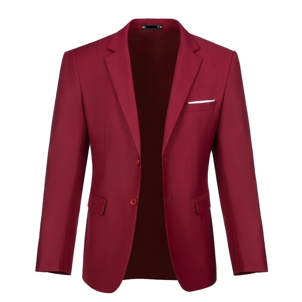 Men's burgundy two button blazer - open front with chest pocket & white pocket square formal jacket