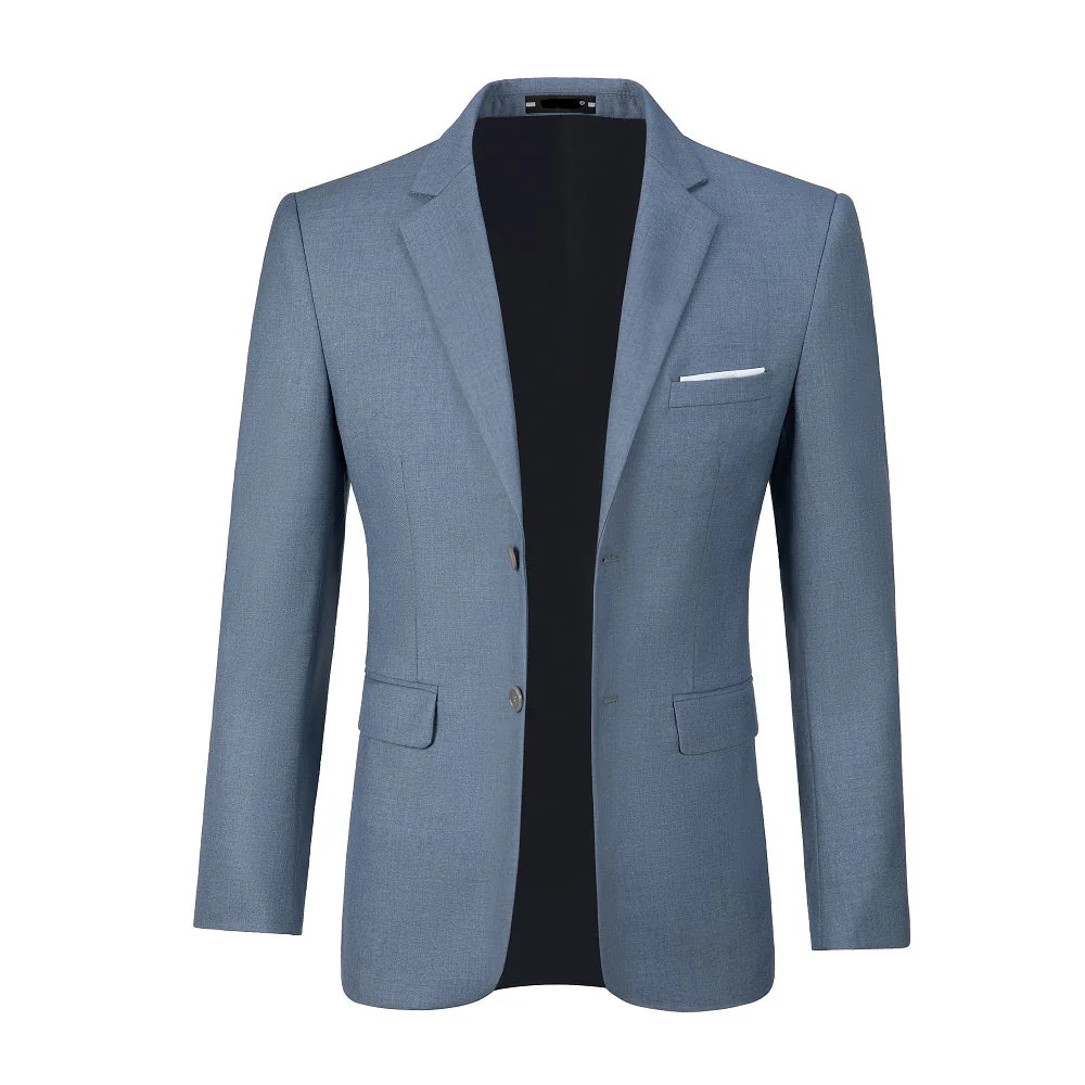 Men's denim blue two button blazer - open front with chest pocket & white pocket square slim fit jacket