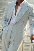 Charger l'image dans la visionneuse de la galerie, Seersucker Striped Double Breasted Blazer Pants 2 Piece Men's Summer Suit
