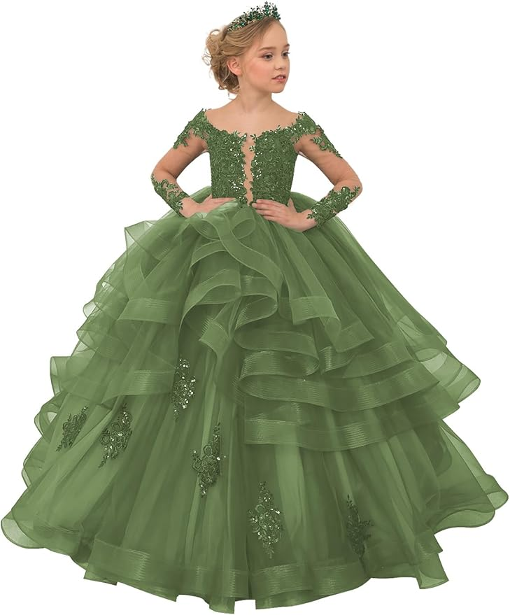 Long Sleeve Flower Girl Dresses Lace Applique Princess Ruffles Tulle Party Gown