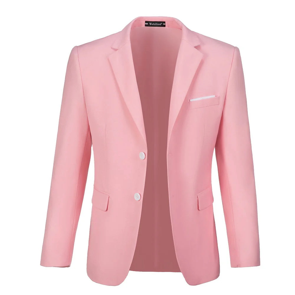 Men's pink two button blazer - open front with chest pocket & white pocket square formal jacket