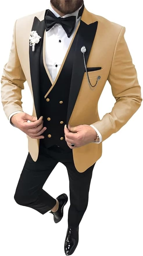 Men's Champagne wedding tuxedo 3 piece suit with satin lapel – elegant prom dinner outfit