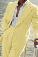 Seersucker Striped Double Breasted Blazer Pants 2 Piece Men's Summer Suit