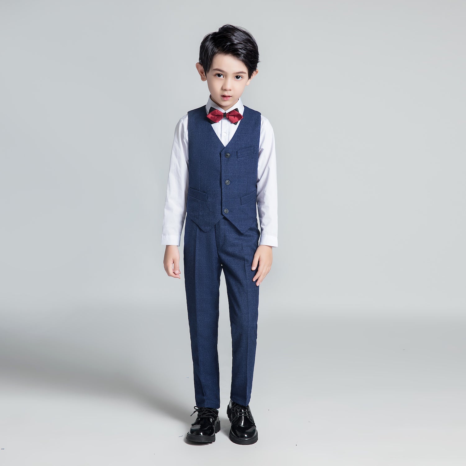 Navy Plaid Elegant 5 Piece Boys Suits