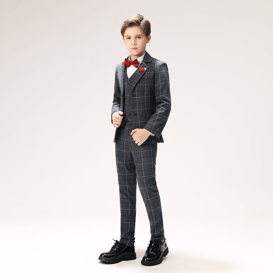 Dark Grey Plaid Elegant 5 Piece Boys Suits