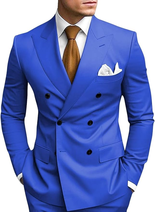 Royal Blue double breasted 2 piece slim fit men’s suit with peak lapel – wedding or business formalwear