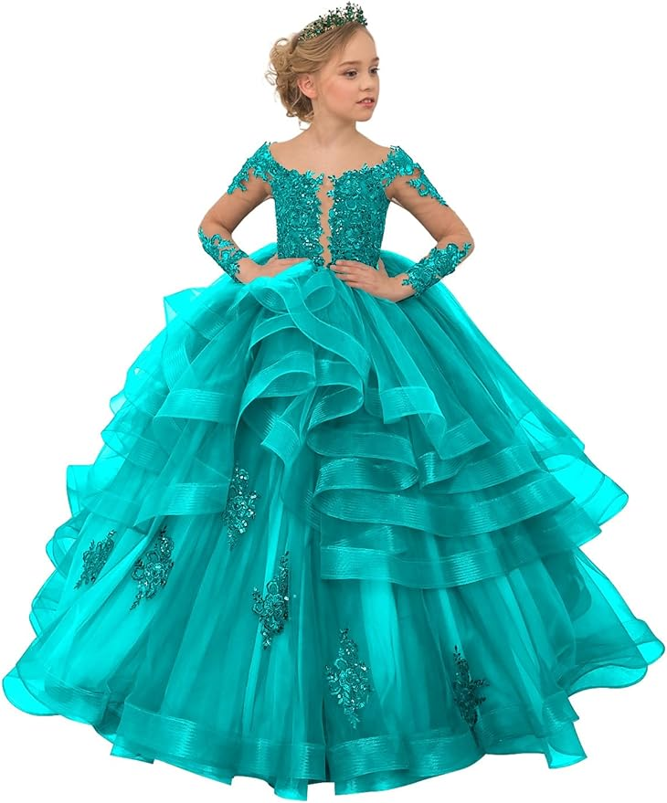 Long Sleeve Flower Girl Dresses Lace Applique Princess Ruffles Tulle Party Gown