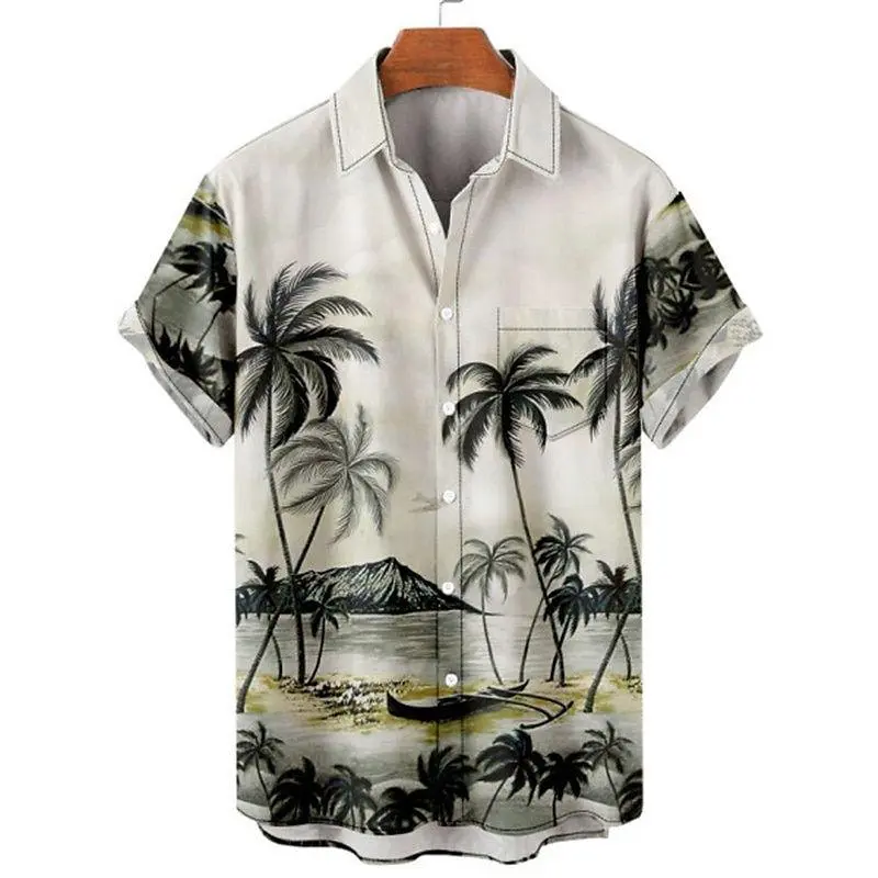White men’s short sleeve shirt with beach and palm tree print – casual stand collar summer style