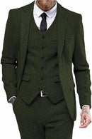 Mens Tweed Herringbone Wedding Suit Prom Tuxedos 3 Piece Peak Lapel Dress 3089