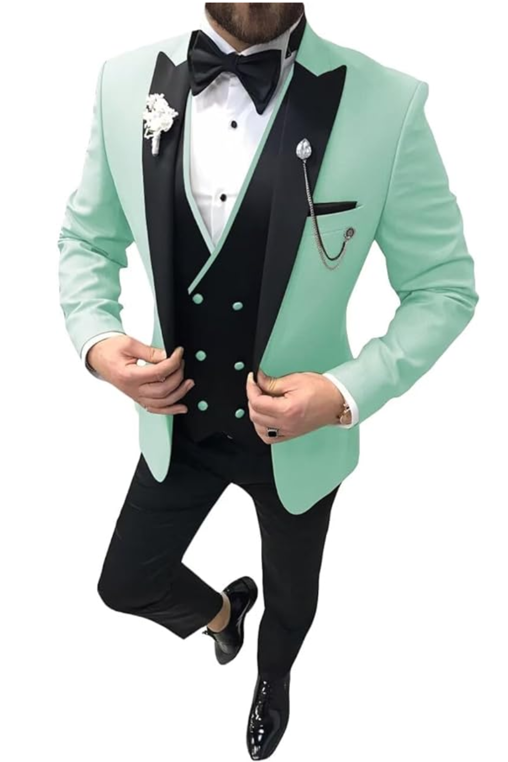 Aqua wedding tuxedo 3 piece suit with black lapel – prom-ready dinner attire for men