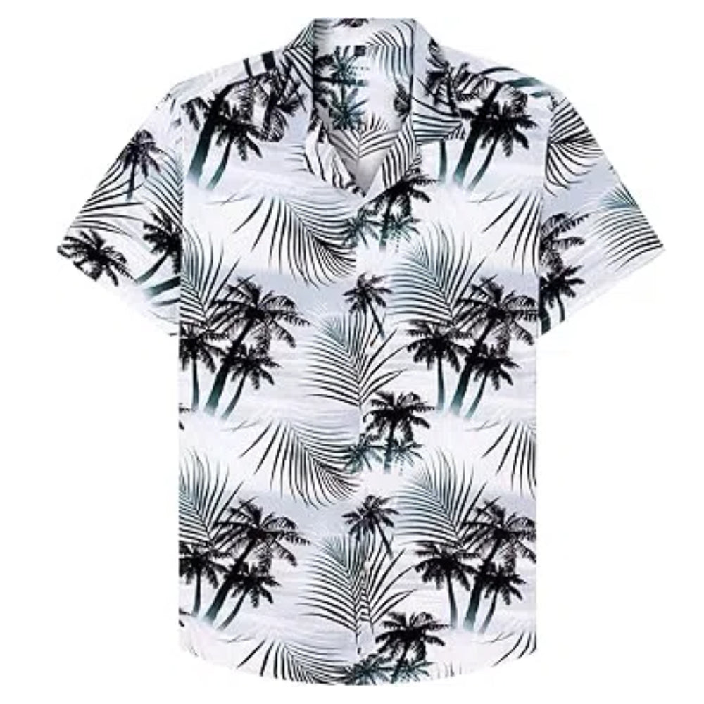 White stand collar holiday shirt with black palm print – men's short sleeve tropical travel shirt front view
