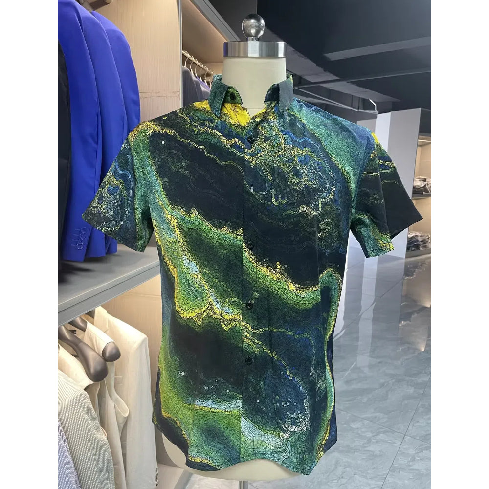 Green and black abstract swirl men’s shirt – short sleeve festival outfit