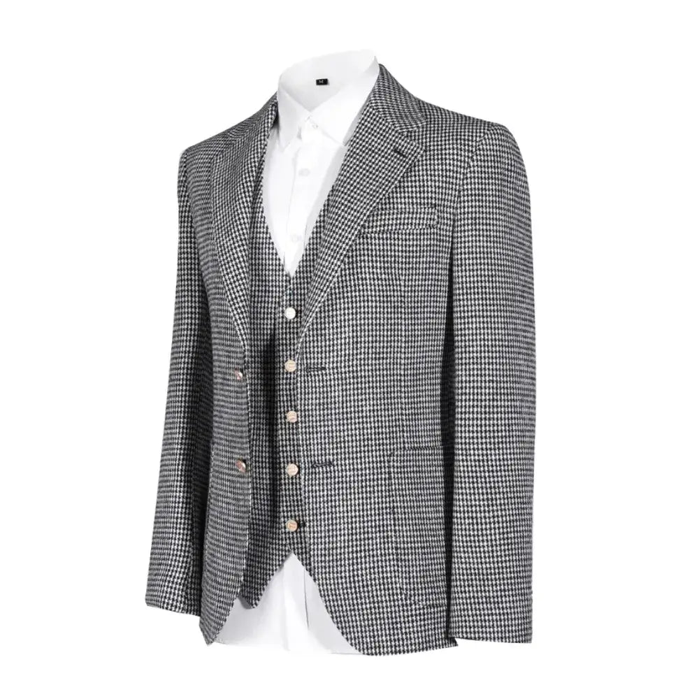 Back view of tailored houndstooth blazer with long sleeves