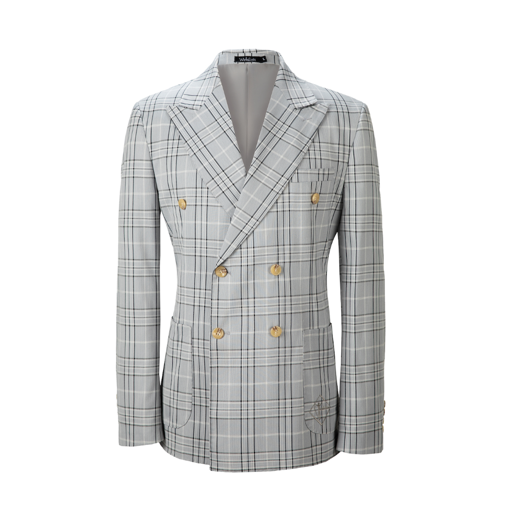 Double Breasted Peak Lapel Plaid Men Blazer 2362