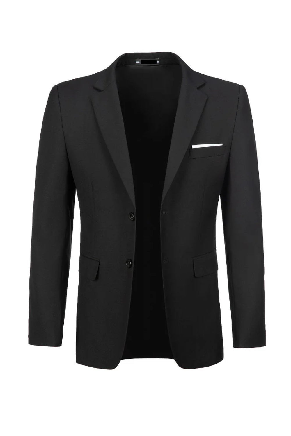 Men's black two button blazer - front view with chest pocket & satin lapel for party/wedding/business