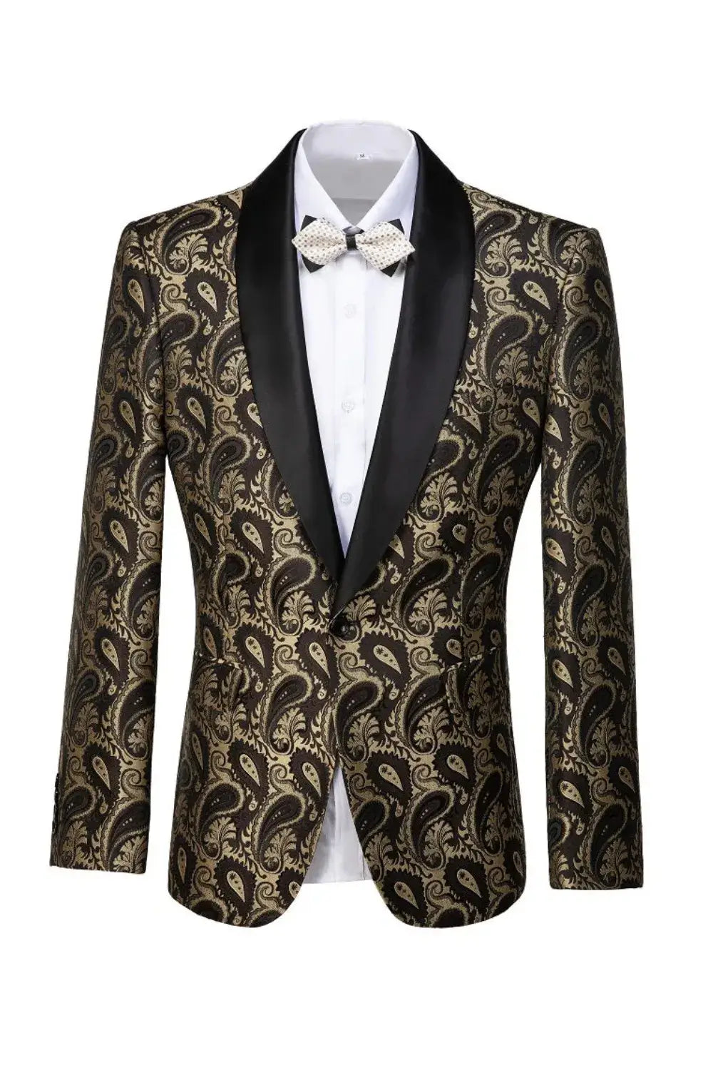 Front view of a golden paisley patterned blazer with black satin peak lapels, paired with a white shirt and matching bowtie.