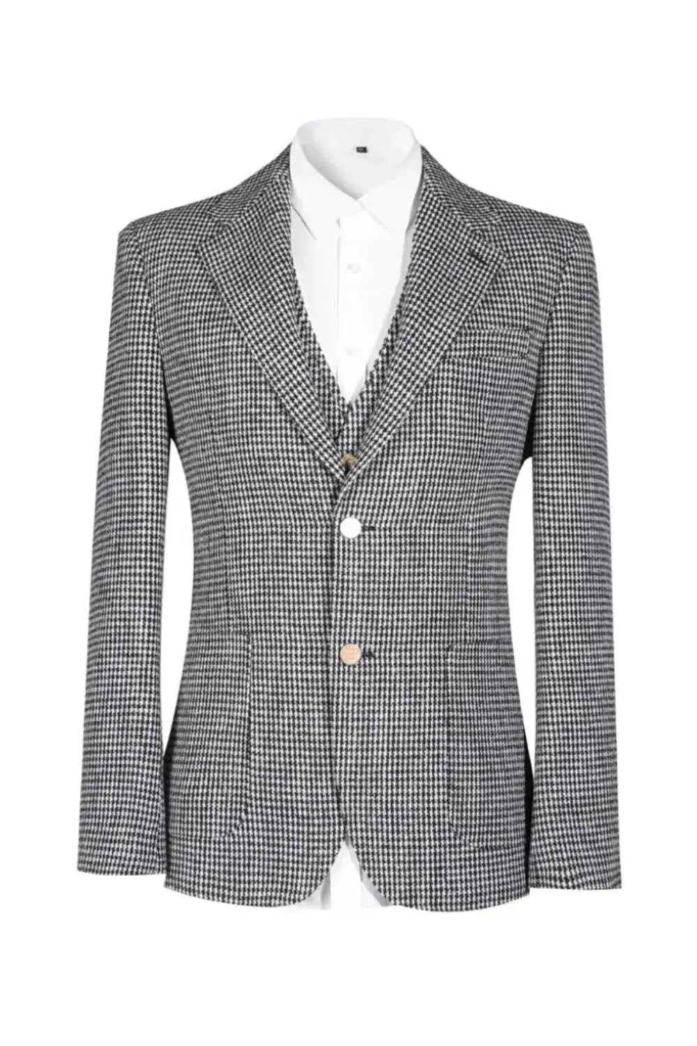 Angled front view of black and white houndstooth 3 piece men's suit