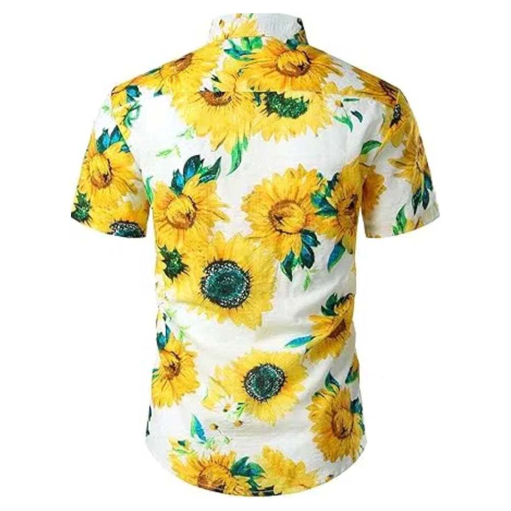 Men's tropical sunflower shirt in yellow – bold floral graphic for outdoor events and casual gatherings