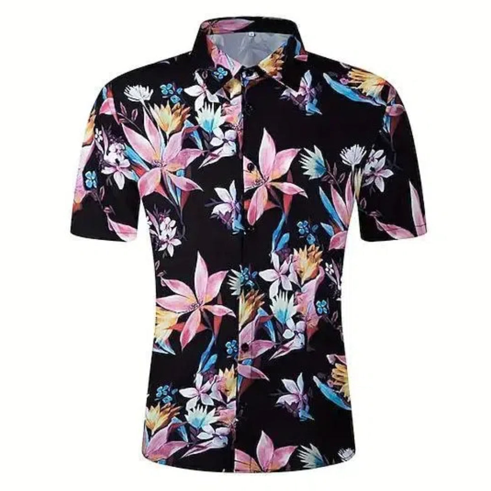Black floral men's shirt with pink and blue tropical blooms – summer short sleeve button-up