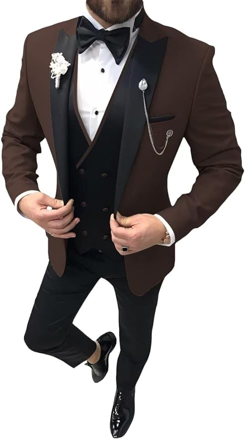 Men's Dark Brown wedding tuxedo 3 piece suit with satin lapel – elegant prom dinner outfit