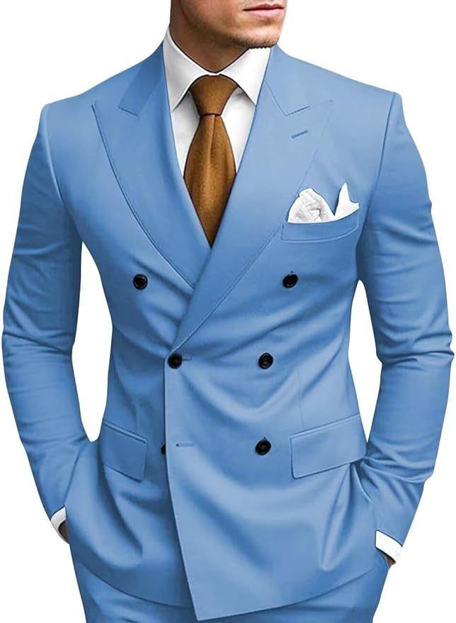 Blue double breasted 2 piece slim fit men’s suit with peak lapel – wedding or business formalwear