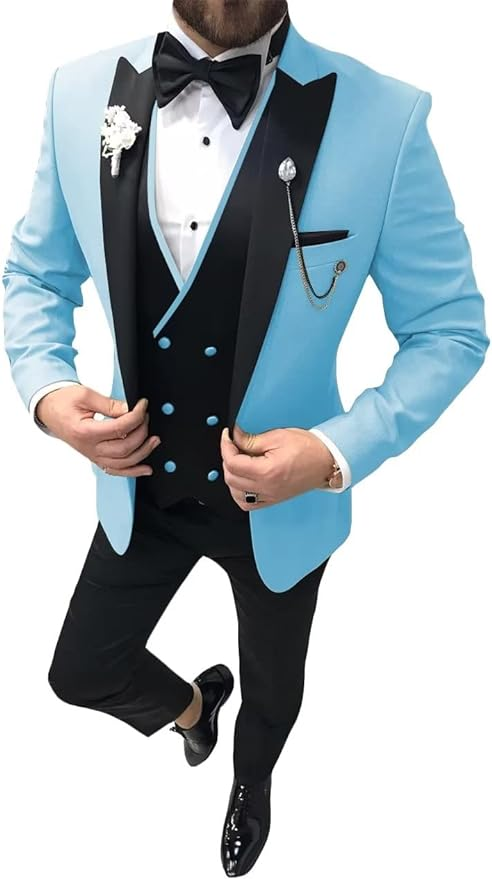 Men's Sky Blue wedding tuxedo 3 piece suit with satin lapel – elegant prom dinner outfit