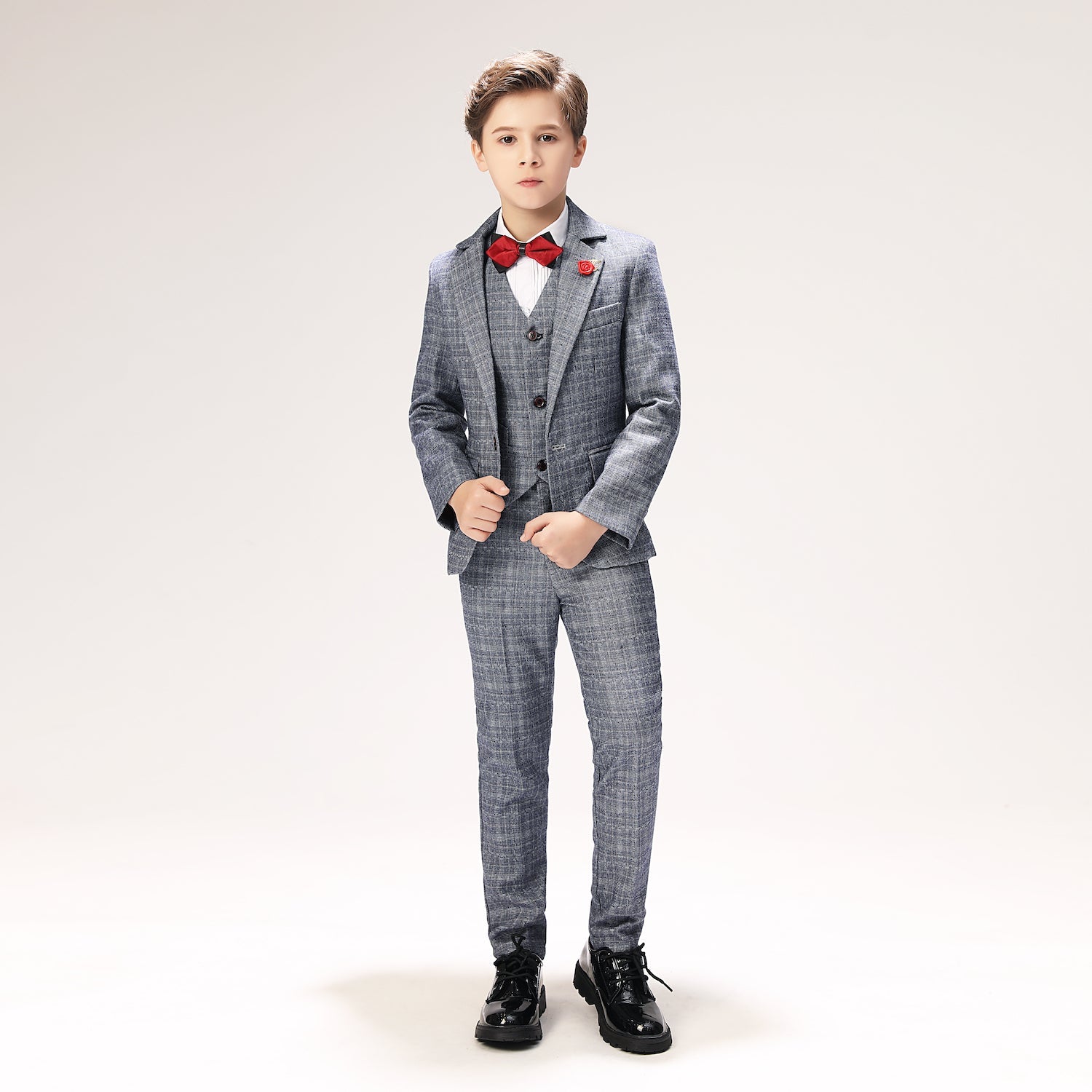 Grey Plaid Elegant 5 Piece Boys Suits