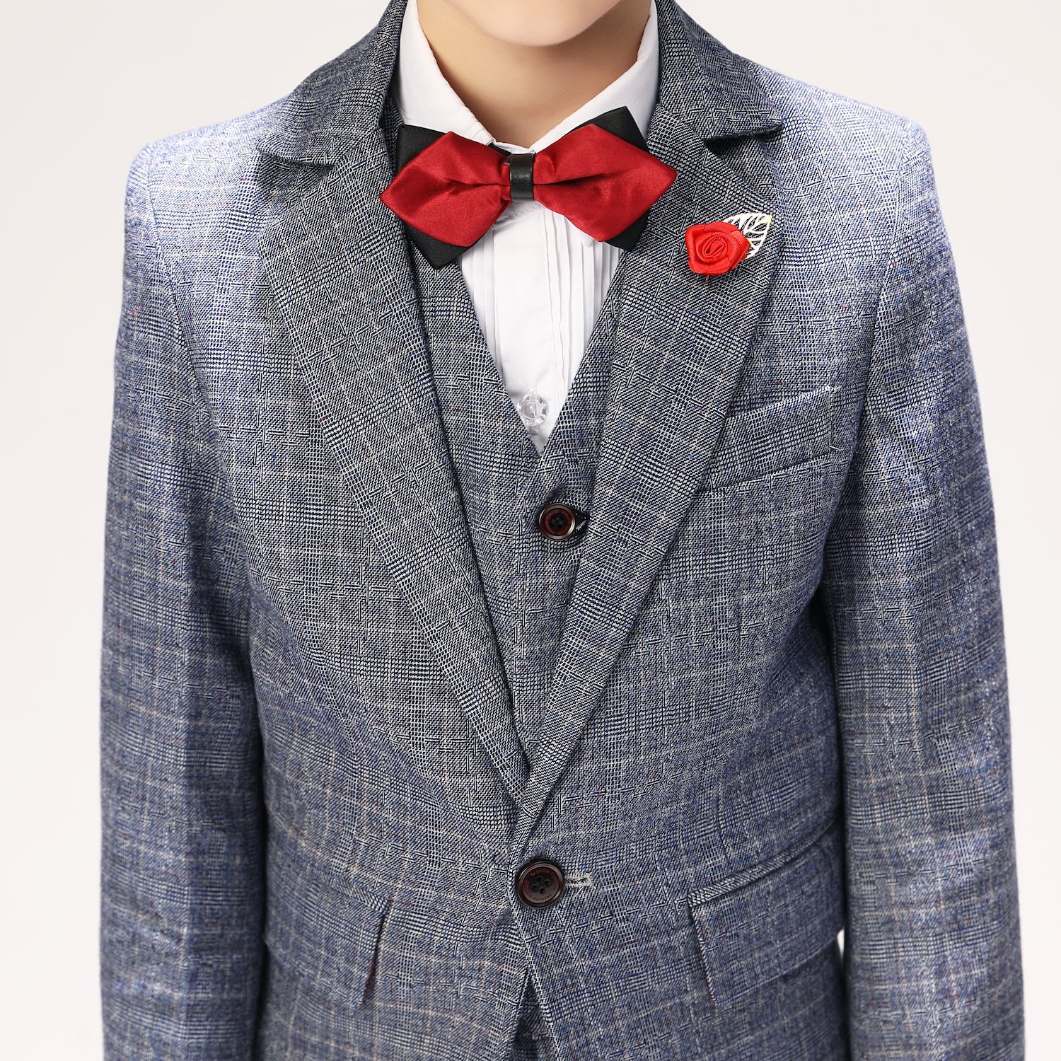 Grey Plaid Elegant 5 Piece Boys Suits