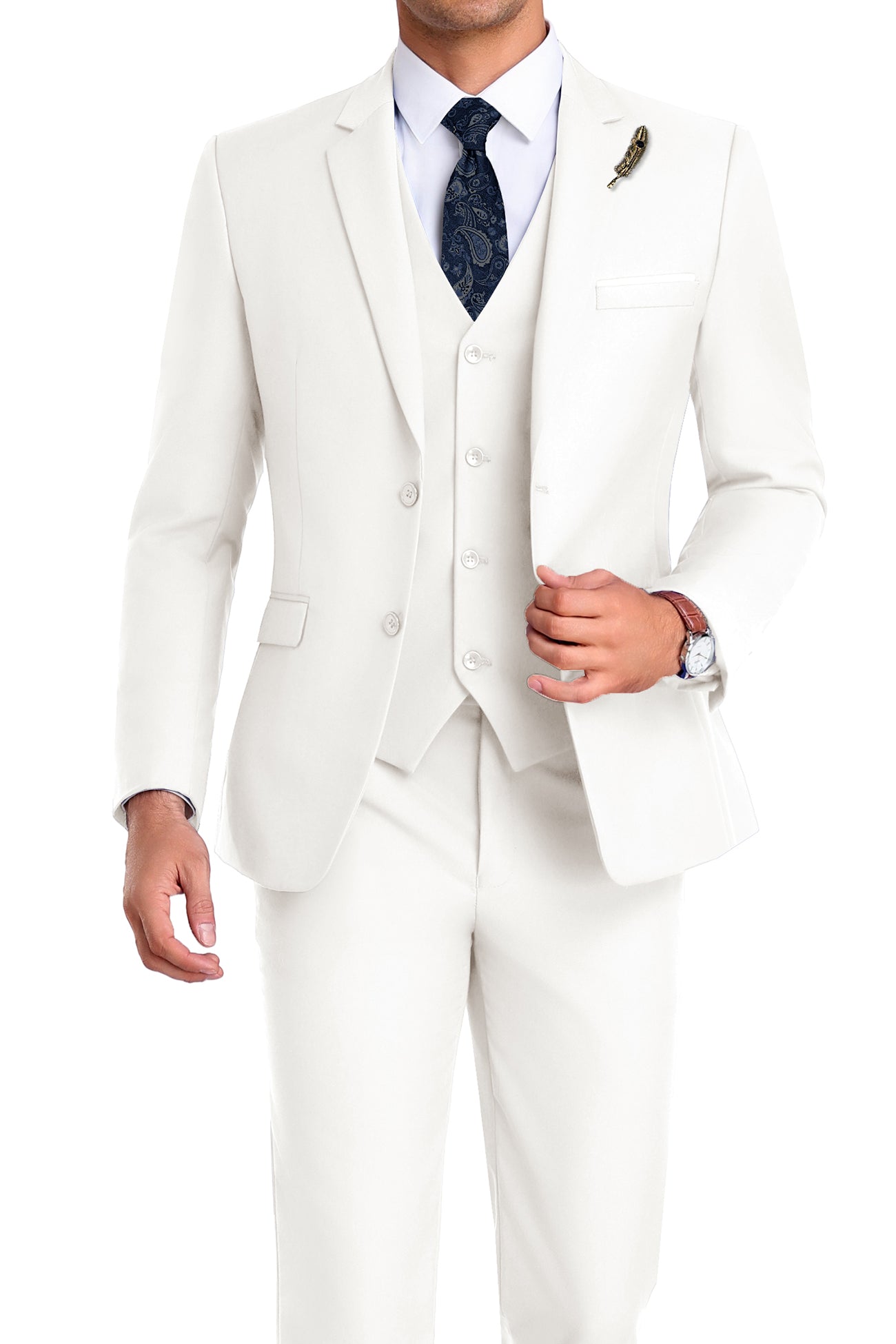 Model in ivory 3-piece slim fit suit with tie and white shirt, posing front-facing with confident posture