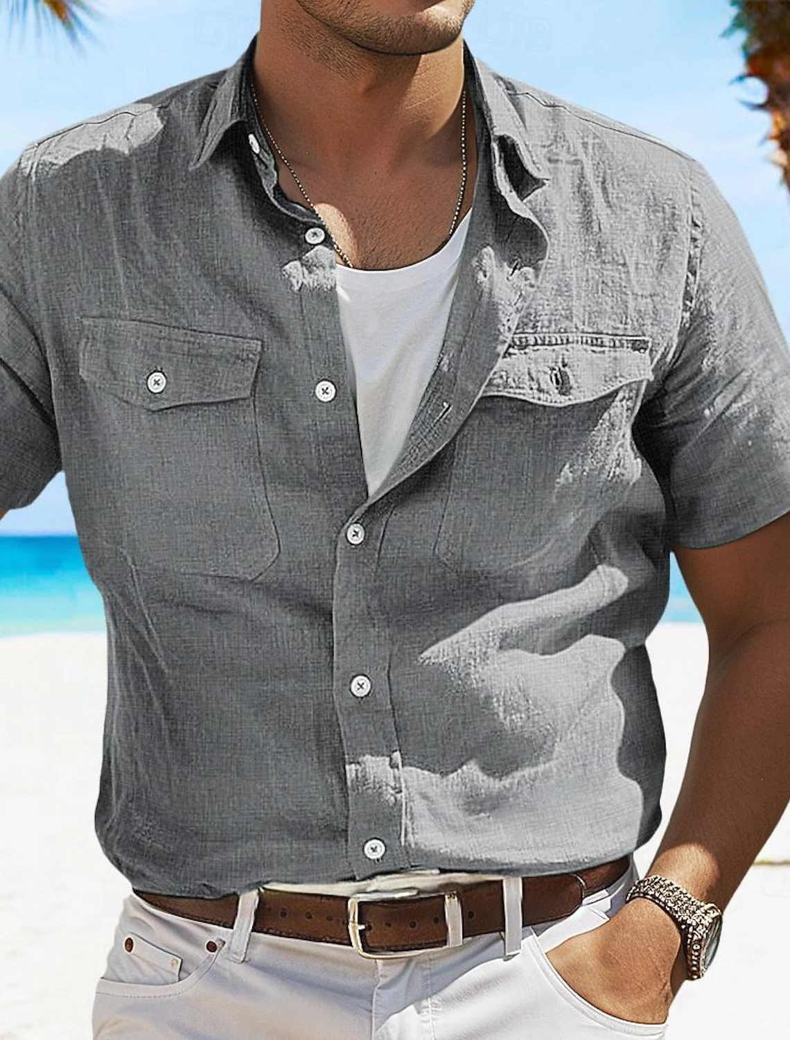 Gray solid color men’s linen shirt with buttons – summer beach street outfit