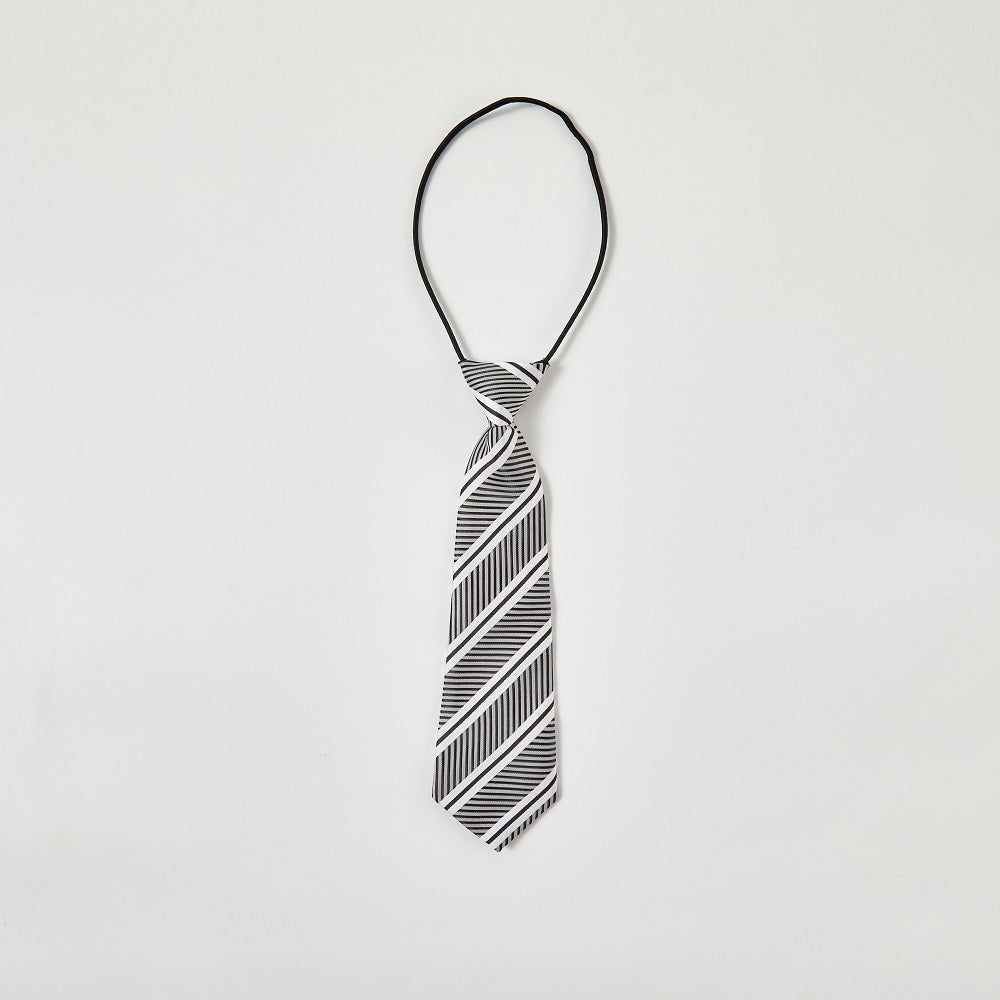 Boys Black & White Diagonal Striped Tie | Pre-Tied Clip-On Necktie for Uniform & Formal Wear