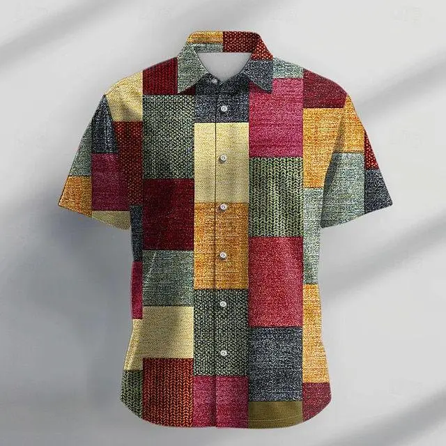 Colorful patchwork plaid men's shirt with 3D knit texture print – retro vacation shirt for spring and fall