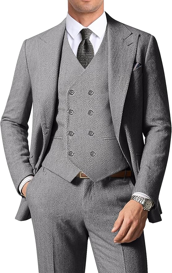 Men's Double Breasted Vest Herringbone 3 Piece Suits
