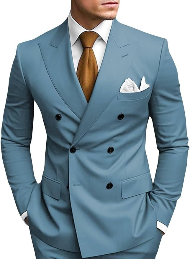 Dusty Blue double breasted 2 piece slim fit men’s suit with peak lapel – wedding or business formalwear