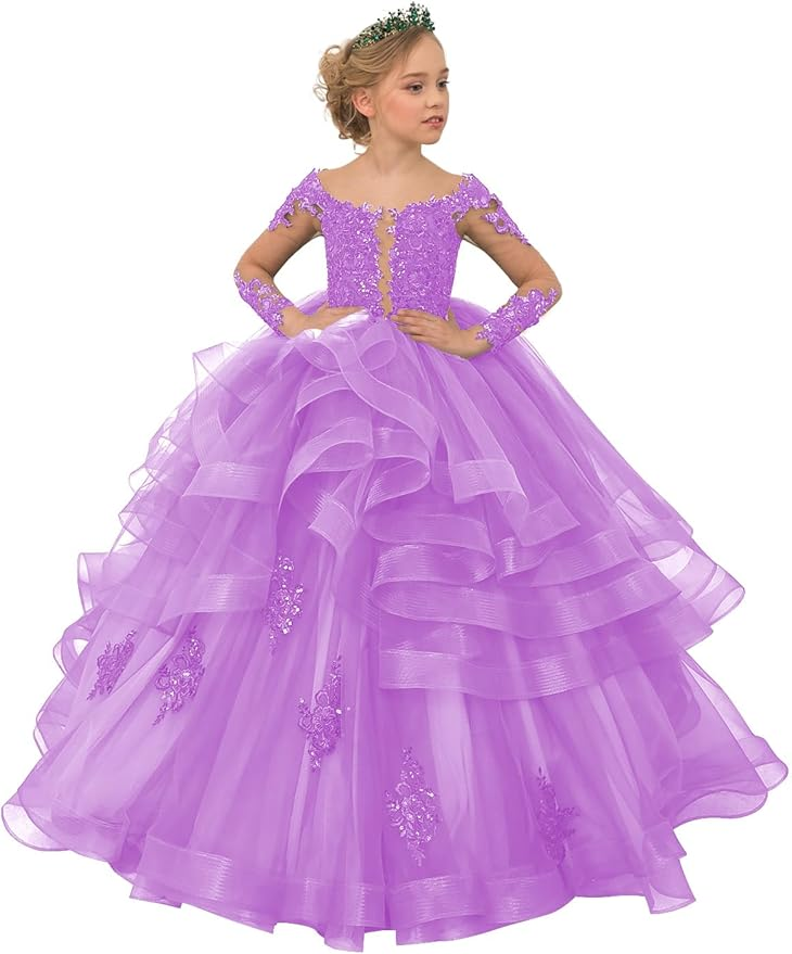 Long Sleeve Flower Girl Dresses Lace Applique Princess Ruffles Tulle Party Gown