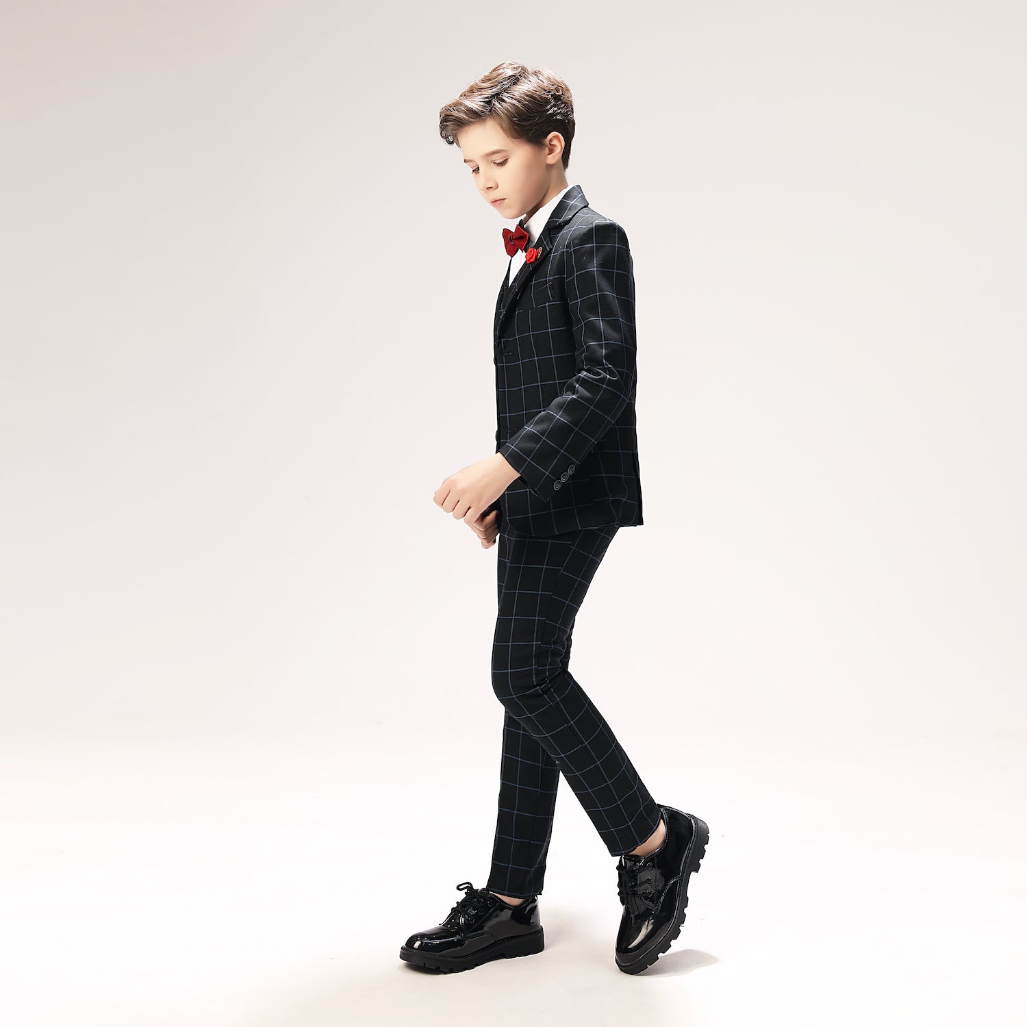 Navy Plaid Elegant 5 Piece Boys Suits