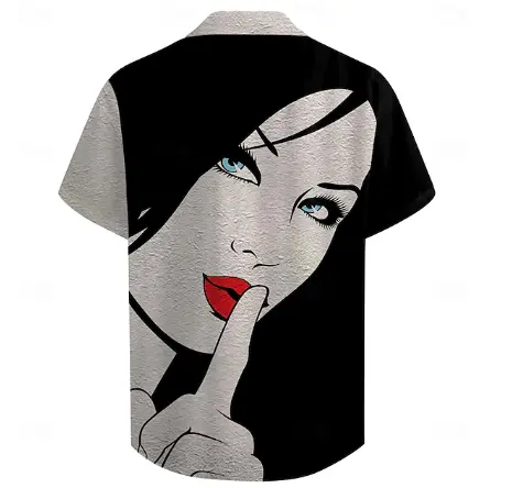 Back of artistic graphic print shirt with red lips and blue eyes – men’s casual summer streetwear