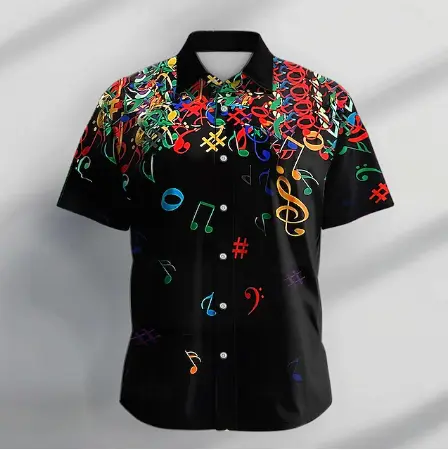 Black short sleeve men's shirt with colorful musical note pattern for summer parties