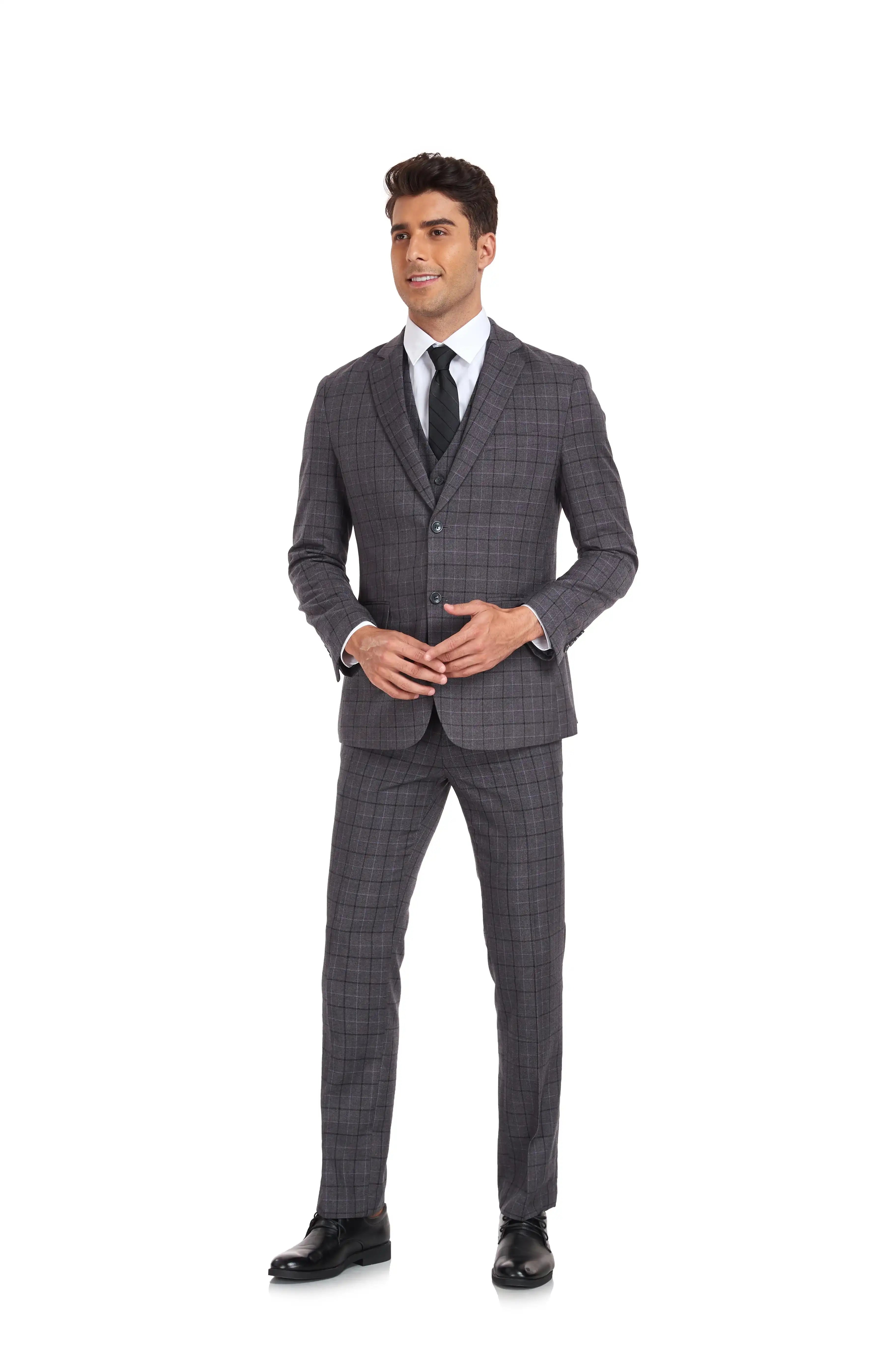 Mens grey plaid 3 piece suit – smiling angled view with tie