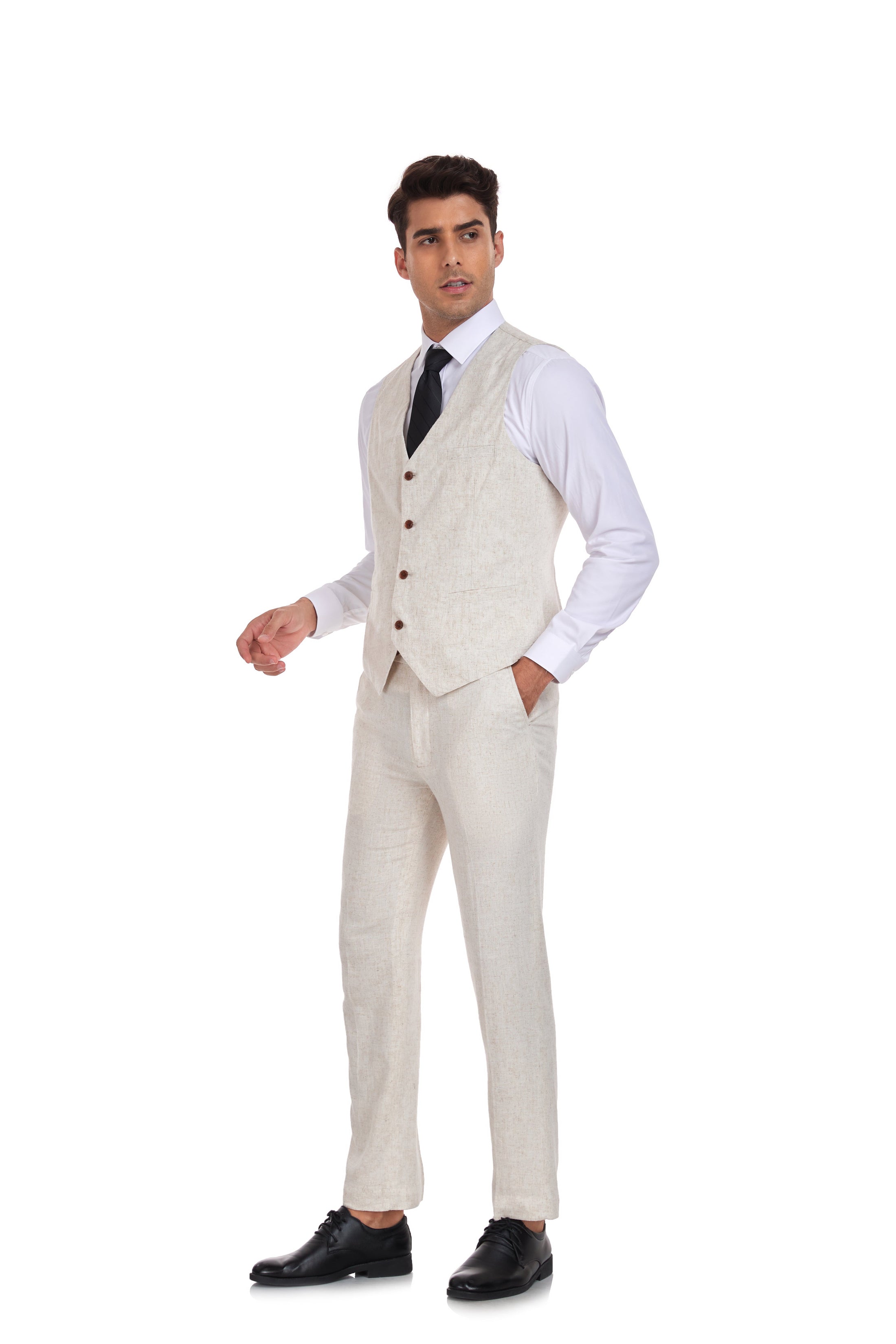 Beige Grey Retro Linen Beach Wedding Summer 3 Pieces Men Suits