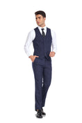 Cargar la imagen en la vista de la galería, Navy Plaid Men's 3 Piece Slim Fit Suits for Party, Wedding and Business
