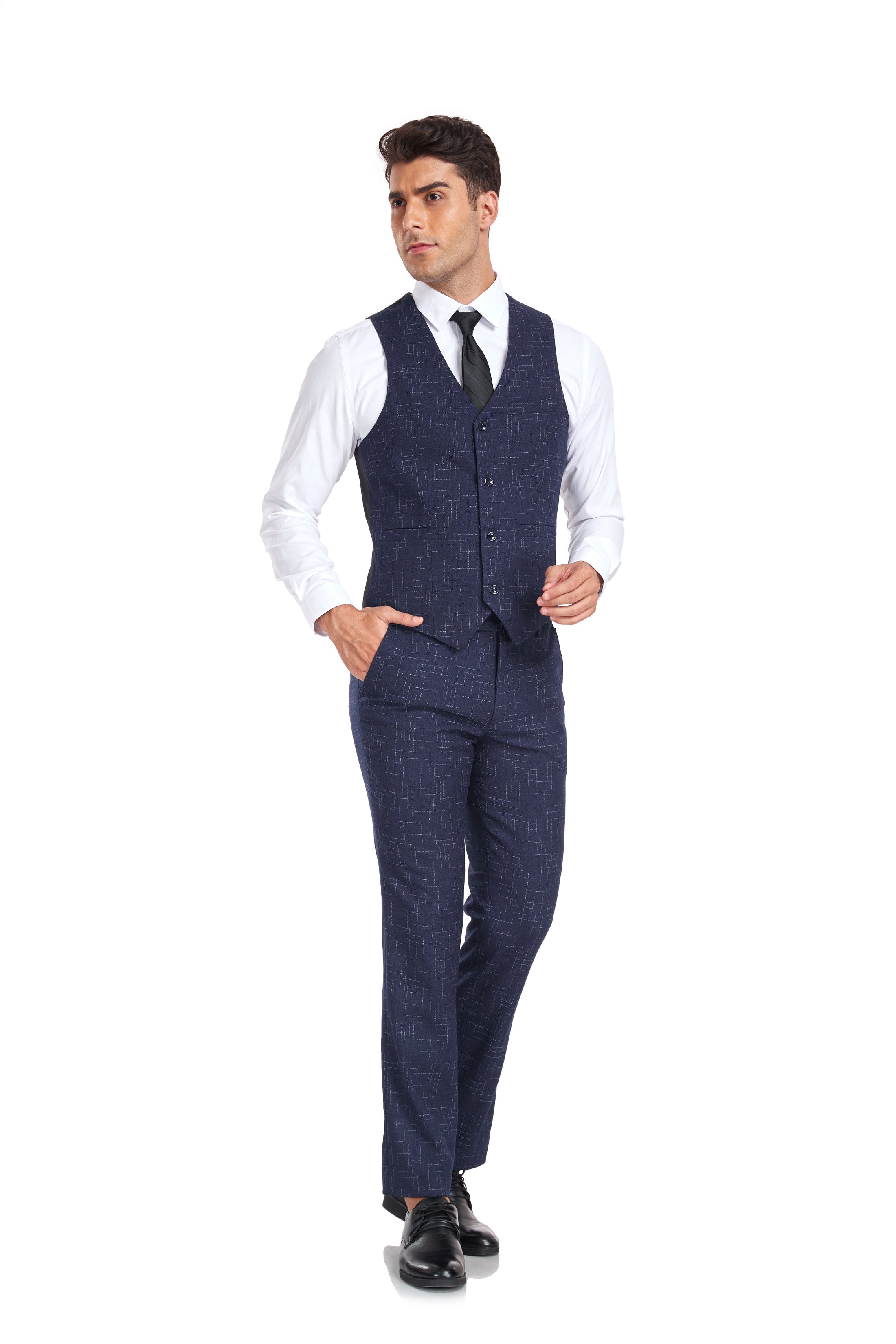 Navy Plaid Men's 3 Piece Slim Fit Suits for Party, Wedding and Business