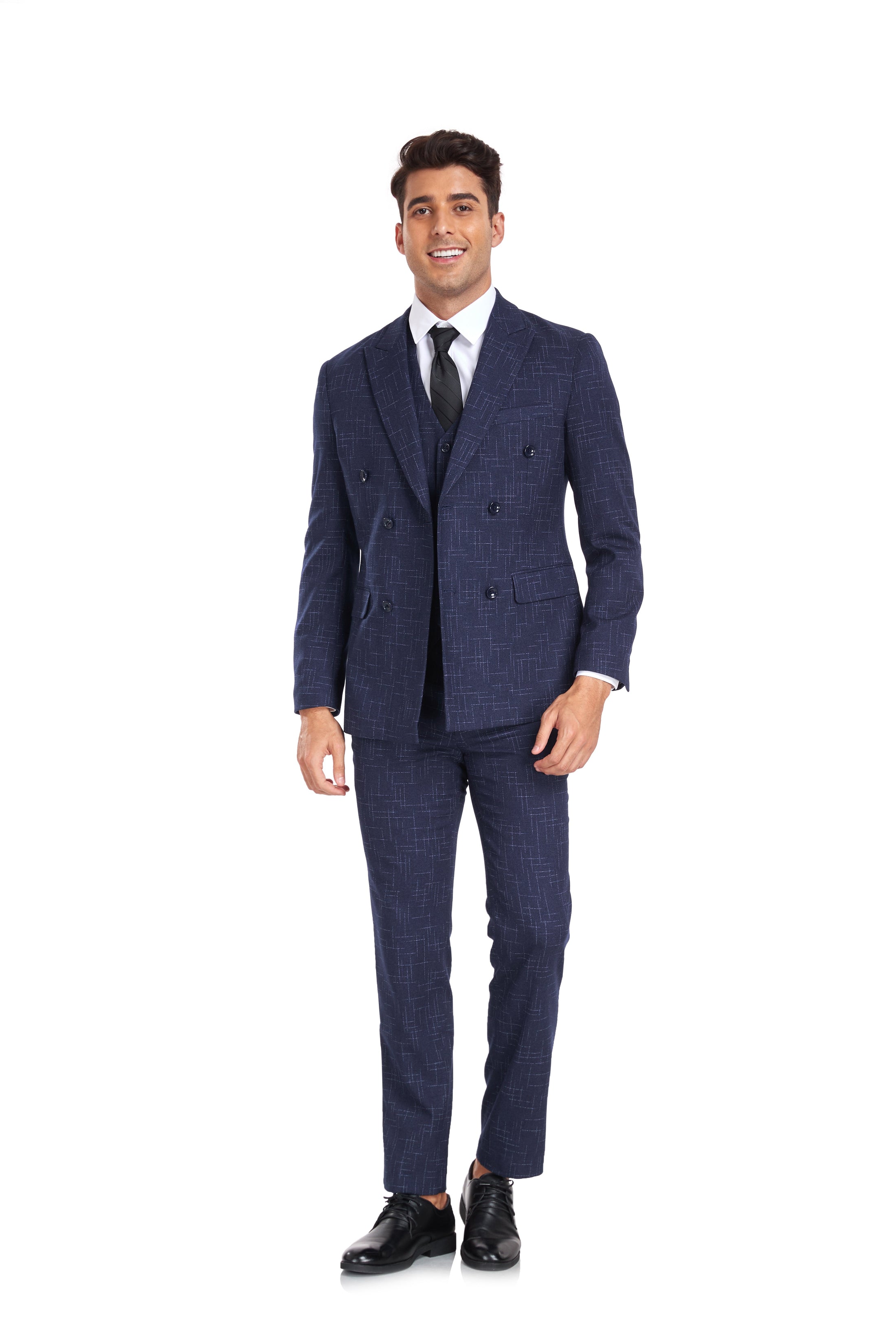 Navy Plaid Men's 3 Piece Slim Fit Suits for Party, Wedding and Business