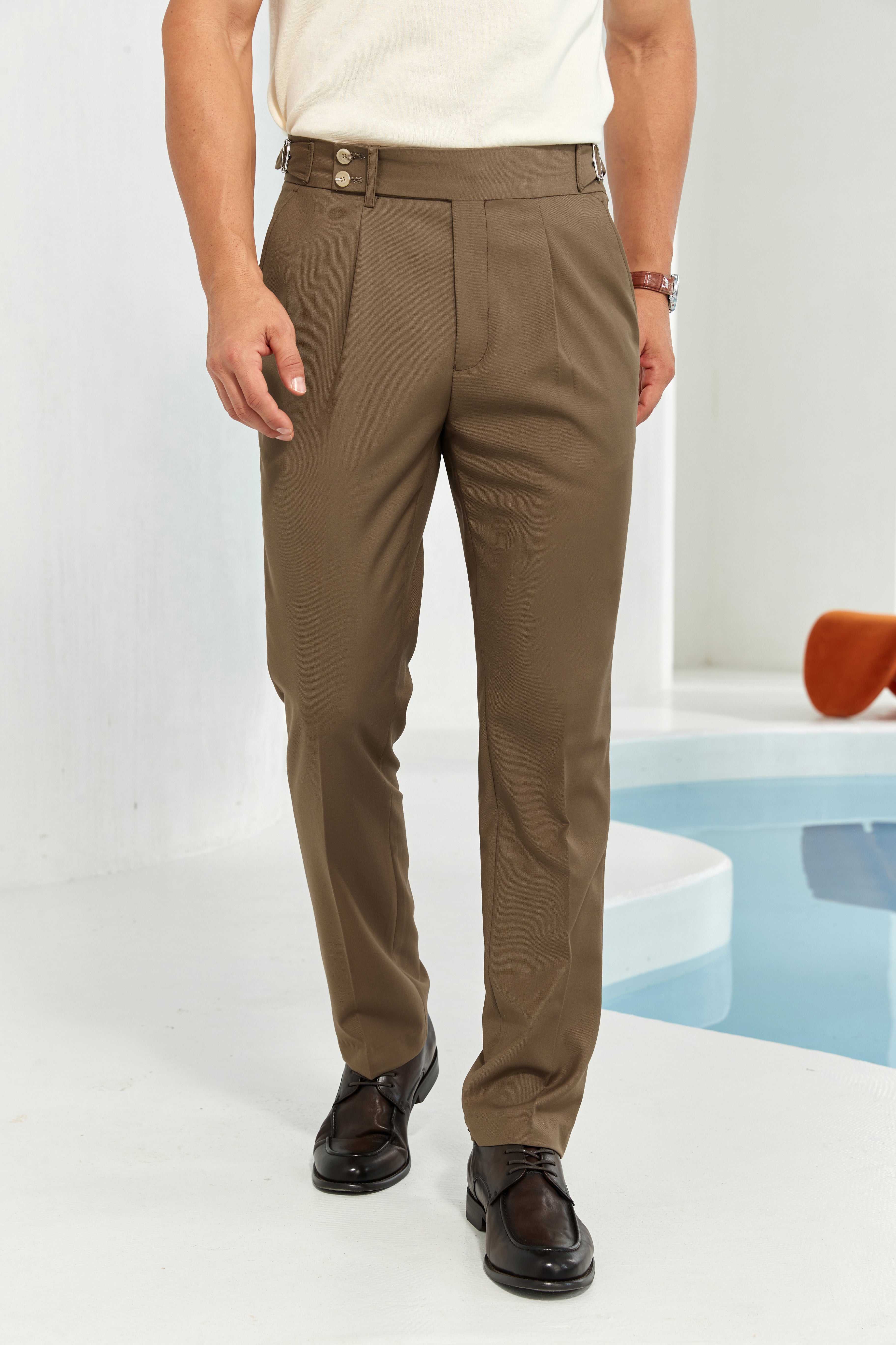 Coffee men’s tapered pants with side buckle detail – smart casual trousers for party or work